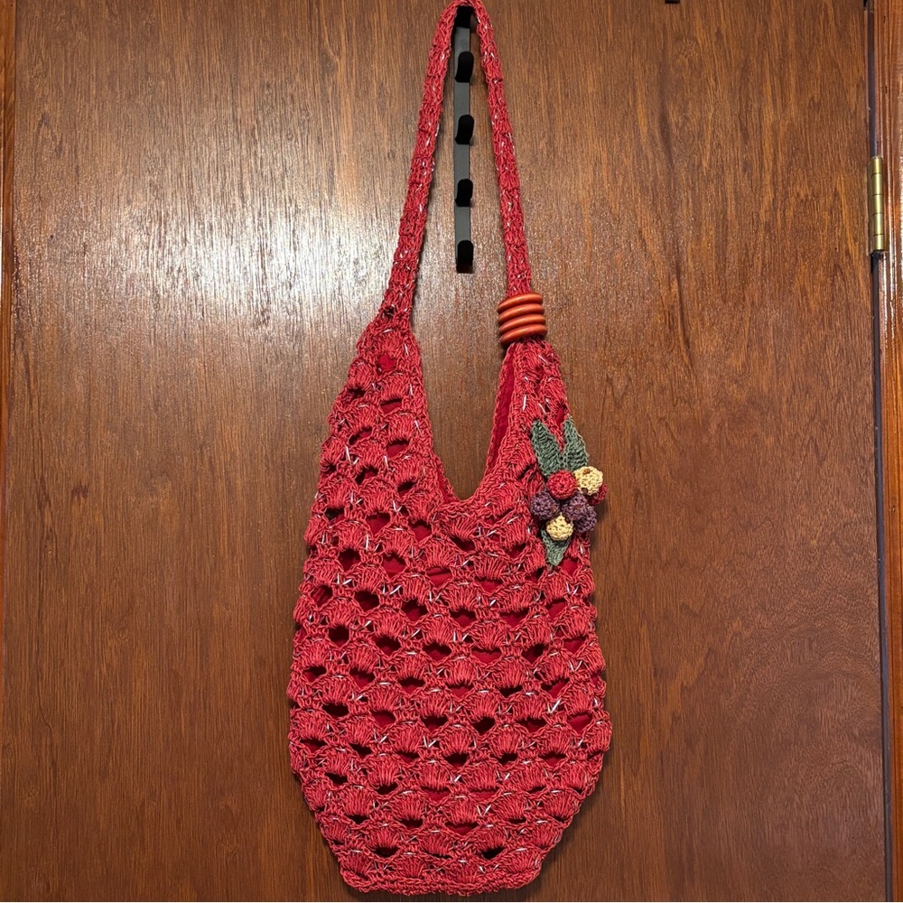 Rust colored Crochet Shoulder Bag with silver and wooden accents